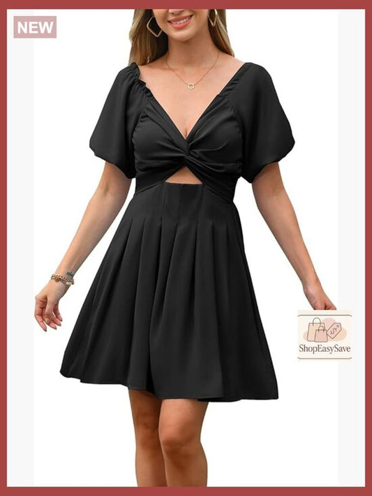 Puff Sleeve Off Shoulder Mini Dress A-Line Knot Front Hollow Out Casual