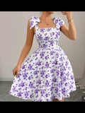 White & Purple Floral Tie-Shoulder Midi Dress