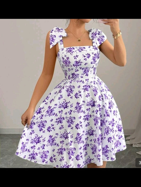 SHEIN White &amp; Purple Floral Tie-Shoulder Midi Dress