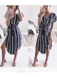 #1133 🦋 Notch Neck Belted Navy and White Striped Dress