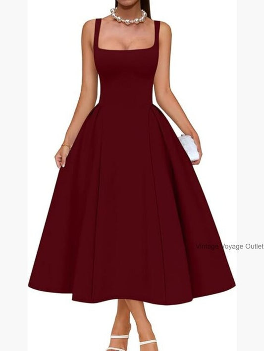 Elegant Square Neck Swing A Line Midi Dress Evening Party