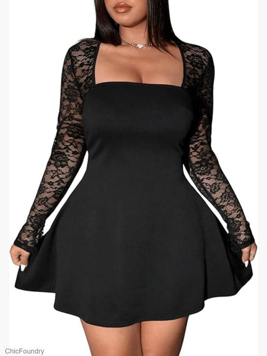 Plus Size Contrast Lace Sheer Long Sleeve A Line Mini Dress Square Neck Pull On