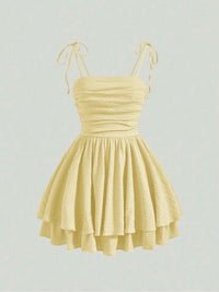 Pale Yellow Ruched Bodice Tiered Mini Dress