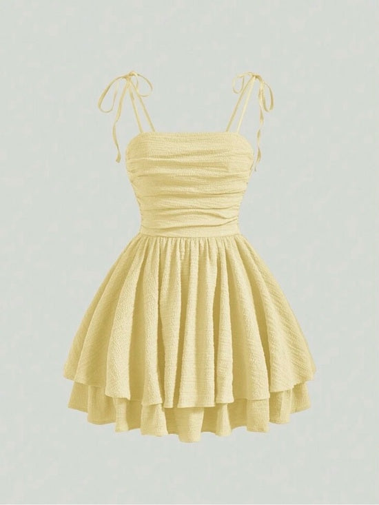 Pale Yellow Ruched Bodice Tiered Mini Dress