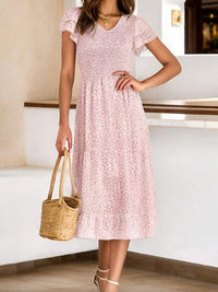NEW!! Pale Pink Smocked Midi Dress with Ruffled Sleeves