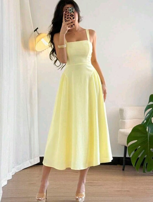 🌿🍒 NWOT Shein Elegant Yellow Square-Neck Midi Dress Size M 🍒🌿