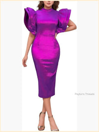 High Neck Shiny Ruffled Tiered Sleeves Bodycon Midi Dress Party Club