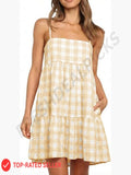 Plaid A-line Mini Dress Sleeveless Ruffle Hem Square Neck Side Pocket Casual