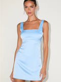 Sky Blue Satin Mini Dress with Square Neck