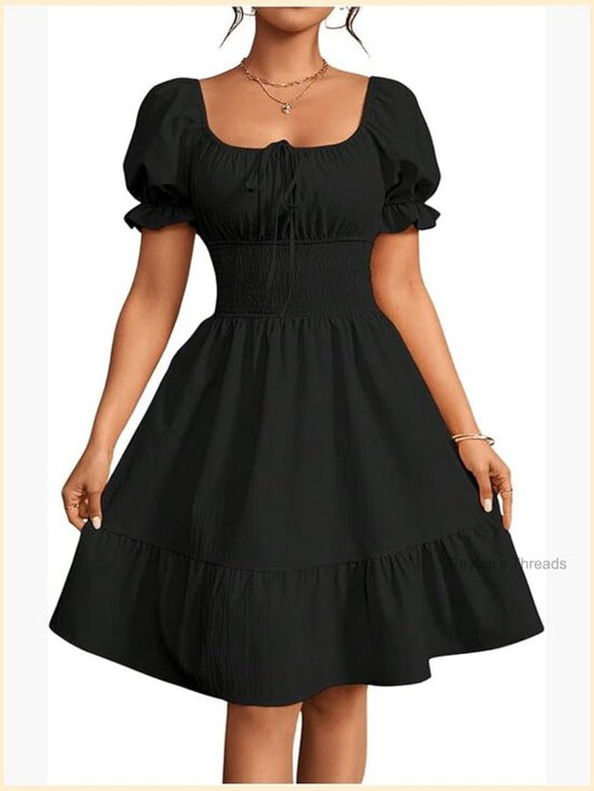 Short Puff Sleeve Tie Front Milkmaid Dress A Line Ruffle Hem