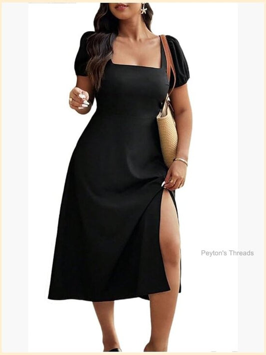 Plus Size Cut Out Bowknot Back Midi Dress Puff Sleeve Slit A Line
