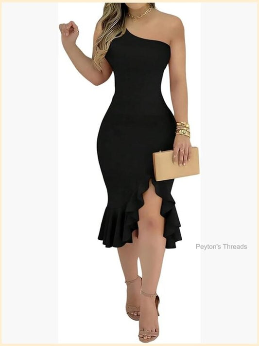 One Shoulder Ruffle Midi Bodycon Dress with Side Slit for Wedding Guest Cocktail