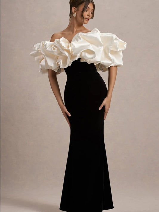 Club L London Black Gown with Ivory Ruffled One-Shoulder Bodice