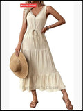 Women's Sleeveless V-Neck Maxi Dress Button Front High Waist Pleated Boho Beach