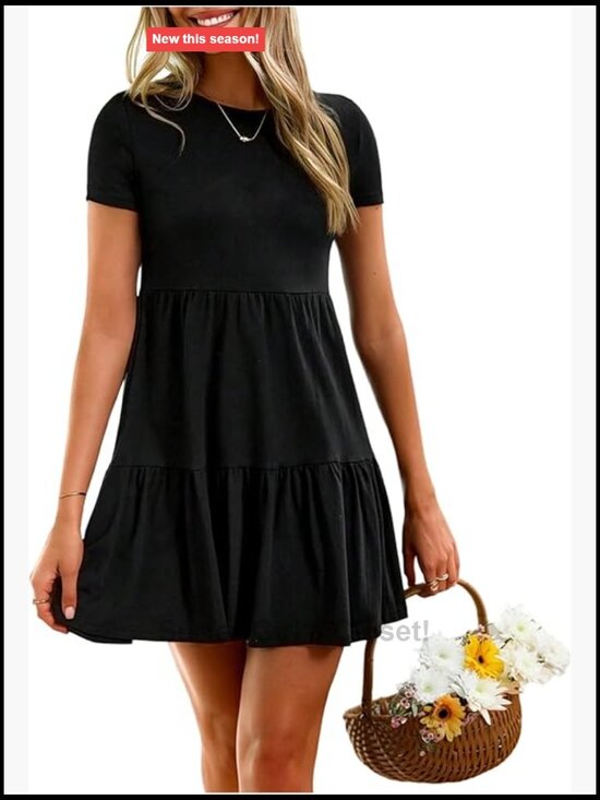 Summer Ruffle Mini Dress Short Sleeve Crew Neck A-Line Flowy Babydoll T-Shirt