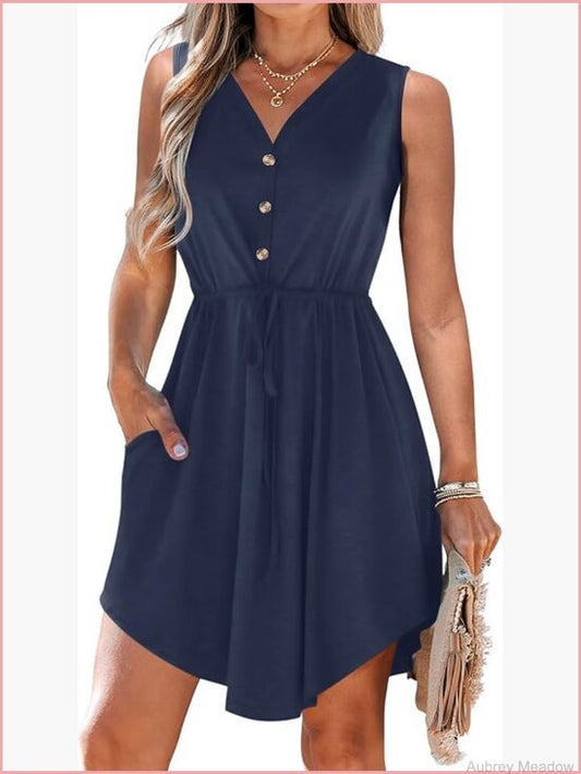 Sleeveless V-Neck Drawstring Waist Swing Mini Dress with Pockets