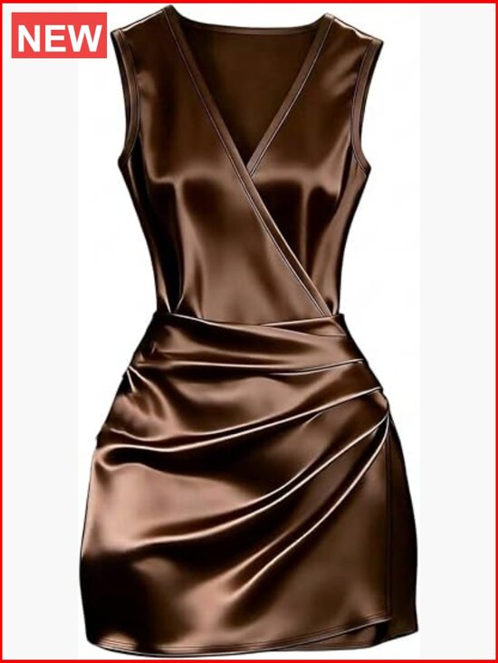 Satin Bodycon Mini Dress Ruched V Neck Wrap Sleeveless Cocktail Party Dress