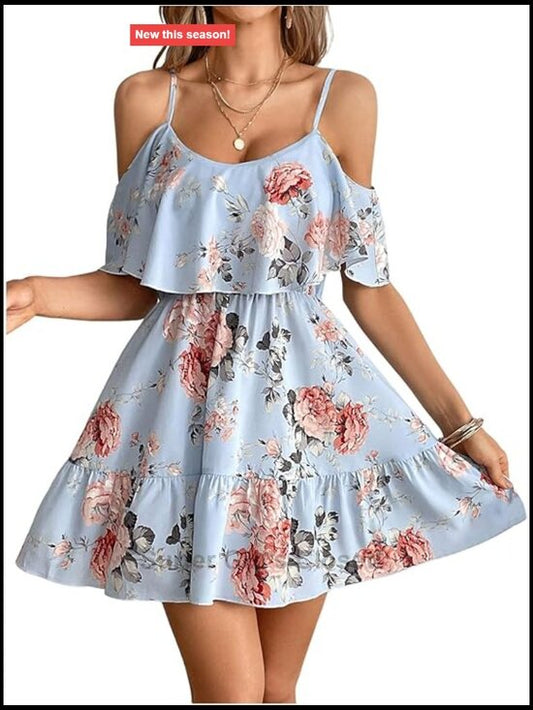 Boho Floral Print Cold Shoulder Ruffle A Line Mini Dress
