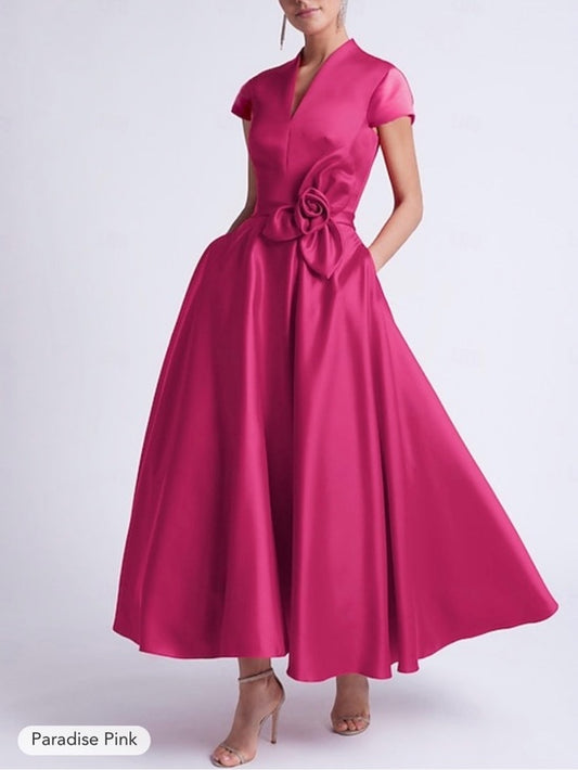 V Neck Cocktail Wedding Guest Party Dress Sleeveless Pocket Satin Paradise Pink