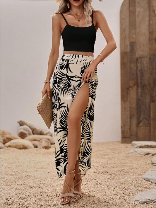 High-Slit Palm Print Maxi Skirt Set - XS