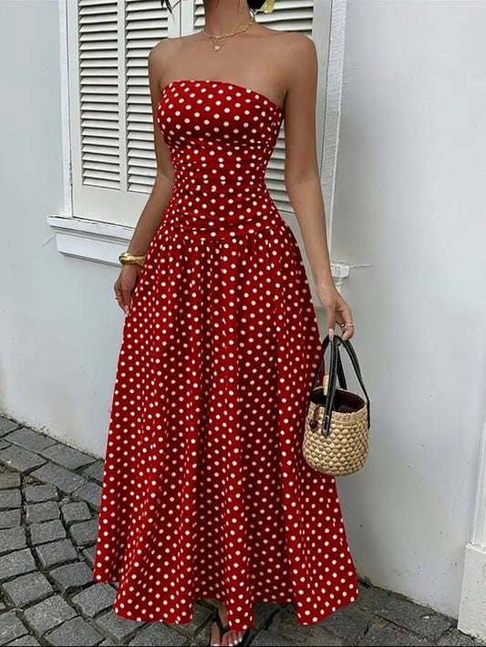 Strapless Red Polka Dot Maxi Dress
