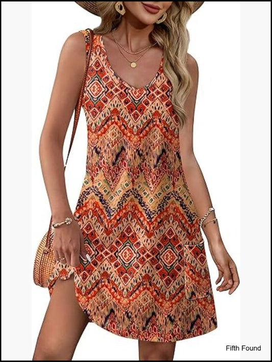 Womens V Neck Swing Tank Dress with Pockets Sleeveless Casual Summer Dress