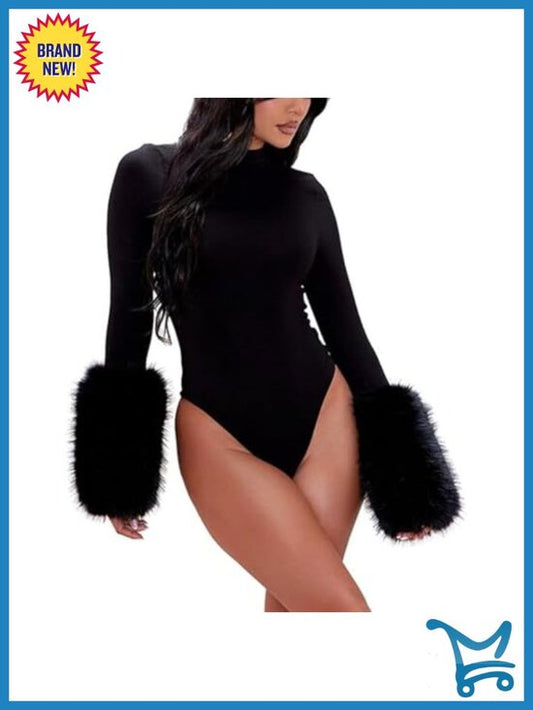 Womens Faux Fur Cuffs Long Sleeve Bodysuit One Piece Jumpsuit Club Outfit