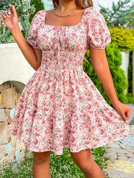 Women's Summer Dresses Square Neck Short Sleeve Waisted Elegant Dresses