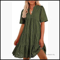 Cotton Hollow Out Lace Mini Dress V Neck Short Sleeve Boho