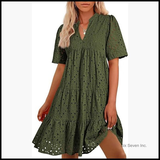 Cotton Hollow Out Lace Mini Dress V Neck Short Sleeve Boho