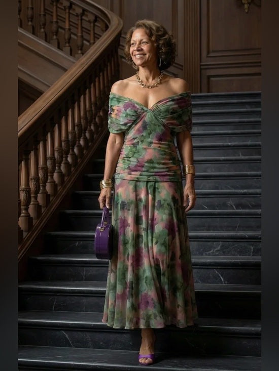 Off-the-Shoulder Floral Maxi Dress in Green and Purple