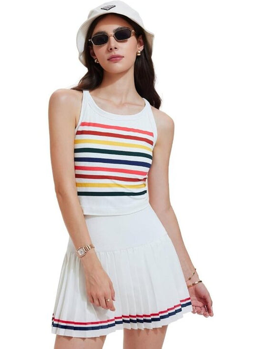 Women Stripe Rainbow 2 Piece Racer Back Tennis Skirt Tank Top Pull On Golf Dress