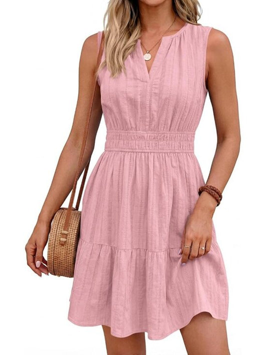 Women's Pink V Neck Casual Sleeveless Summer Boho Pull On Cotton Mini Dress