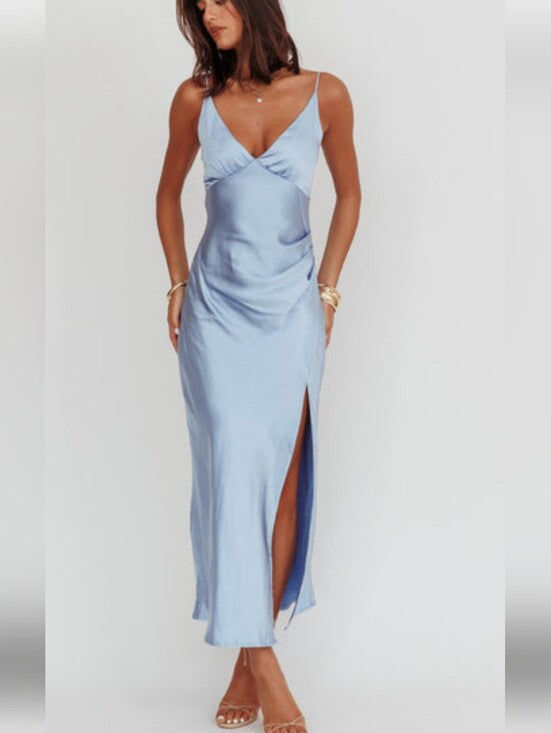 Light Blue Satin Maxi Dress with Side Slit new with tags