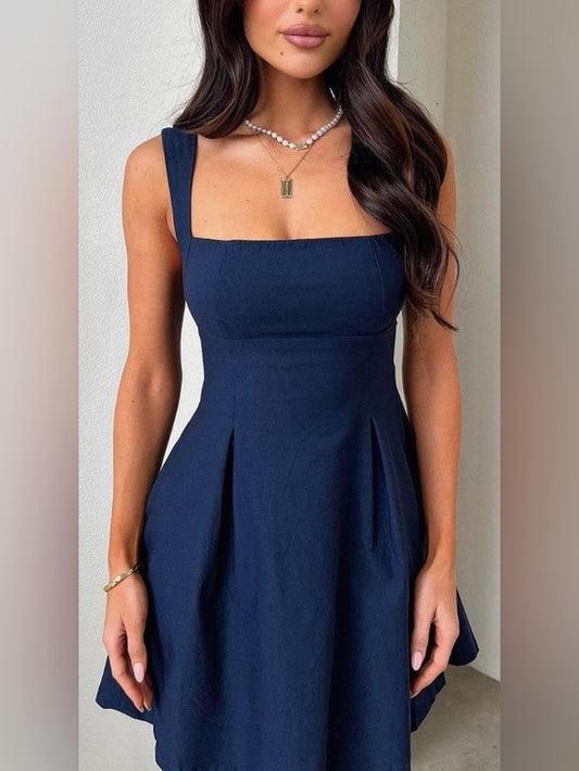 Square-Neck Midi Dress in Navy