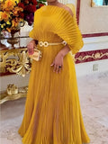 Mustard Gold Pleated Batwing Sleeve Maxi Dress | Elegant Statement Gown | One