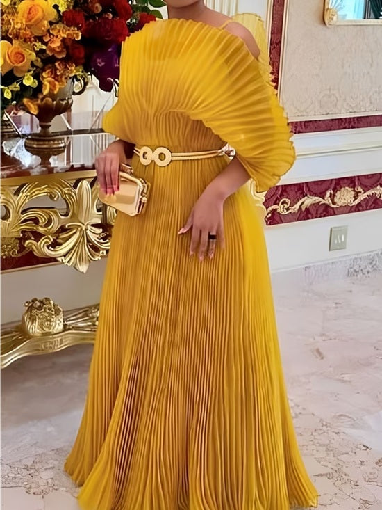 Mustard Gold Pleated Batwing Sleeve Maxi Dress | Elegant Statement Gown | One