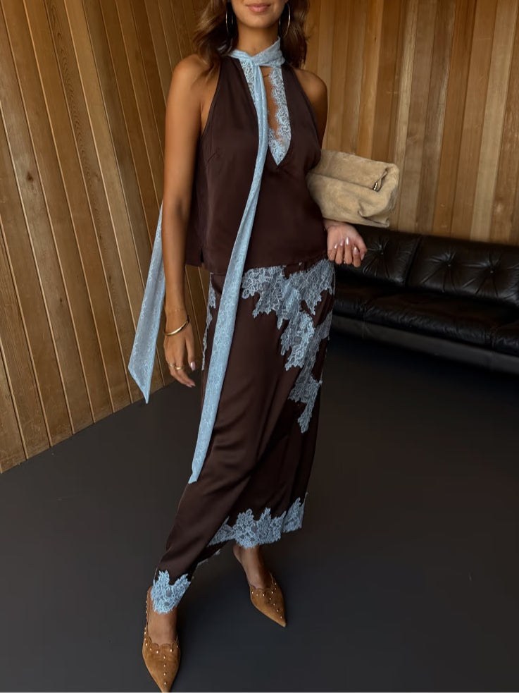 Mabel™ Elegant Lace Panel Top & Skirt Set in Brown