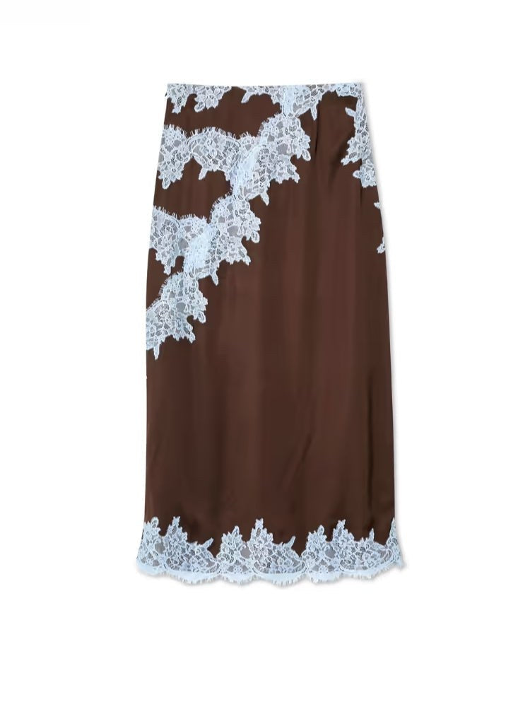 Mabel™ Elegant Lace Panel Top & Skirt Set in Brown