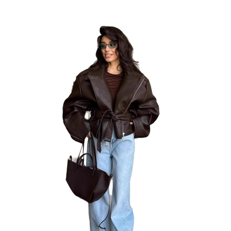 Mae Elegant Leather Jacket with Belted