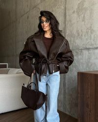 Mae Elegant Leather Jacket with Belted in Dark Red