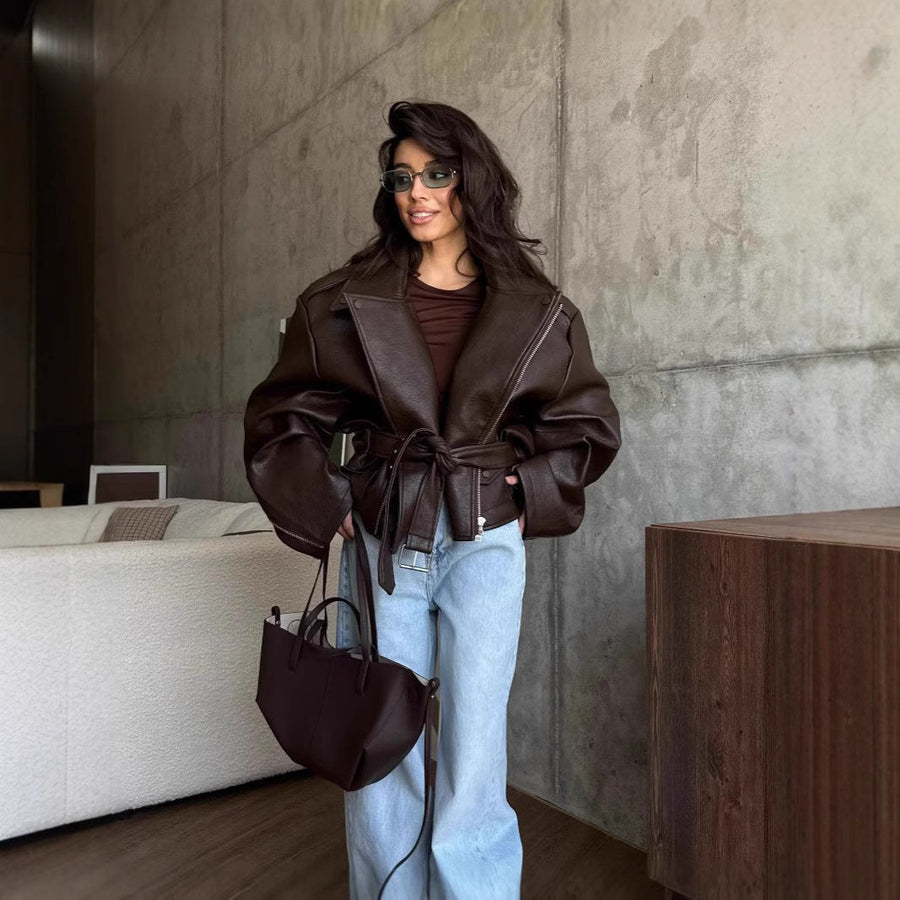 Mae Elegant Leather Jacket with Belted