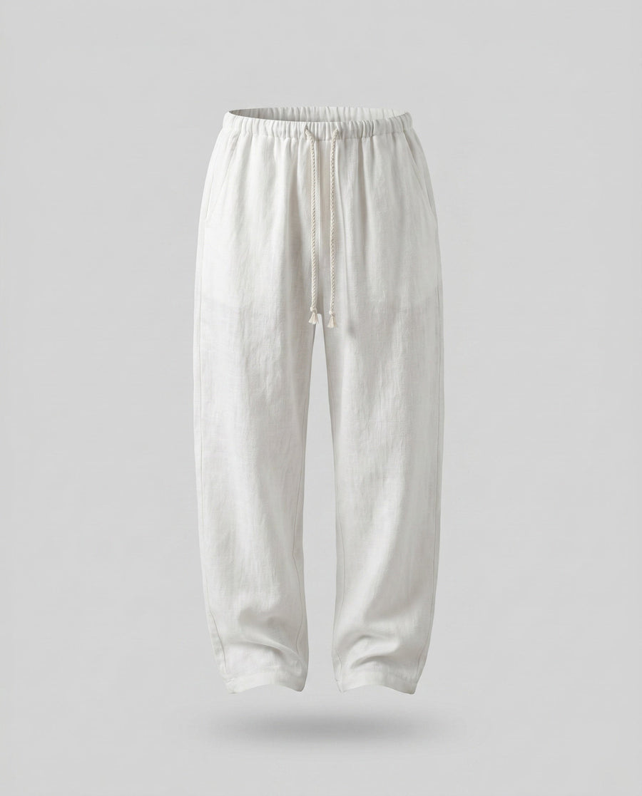Mae Linen Trousers with Elastic Waist and Pockets in White