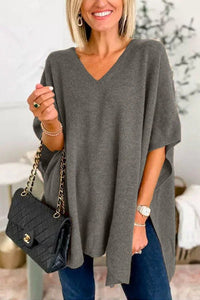 Maeve Casual Knit Poncho with V-Neck in Dark Grey