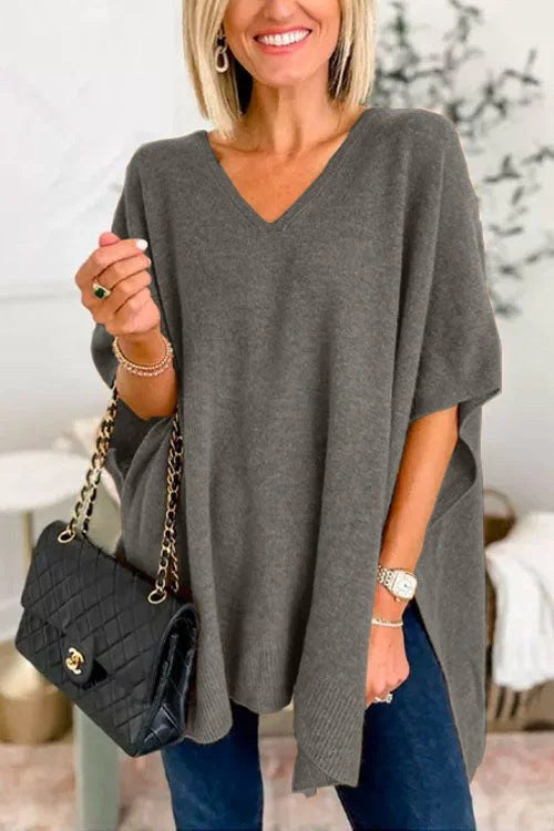 Maeve Casual Knit Poncho with V-Neck in Dark Grey