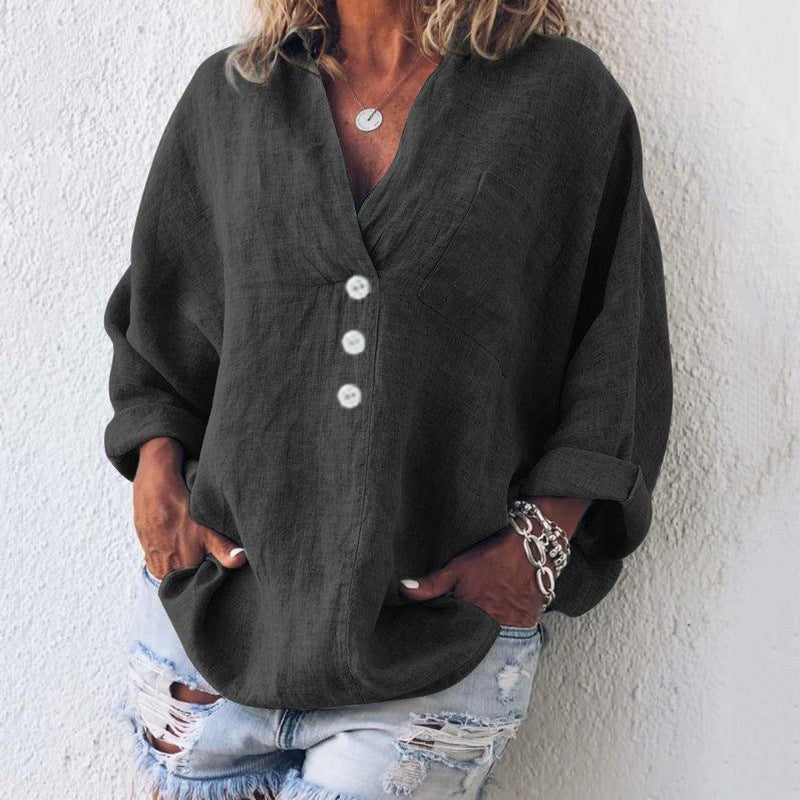 Maeve Women's Oversized Linen V-Neck Pullover Top Long Sleeve Casual Blouse in Black
