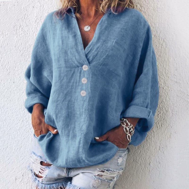 Maeve Women's Oversized Linen V-Neck Pullover Top Long Sleeve Casual Blouse in Blue