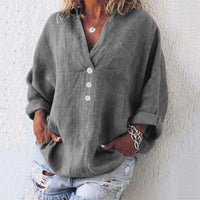 Maeve Women's Oversized Linen V-Neck Pullover Top Long Sleeve Casual Blouse in Grey