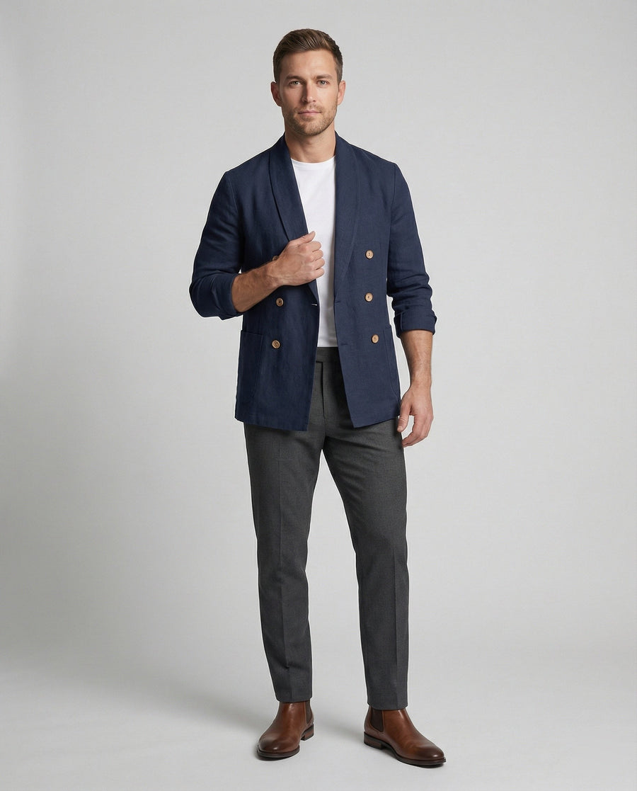 Magnus Lightweight Linen Jacket with Button Front in Navy