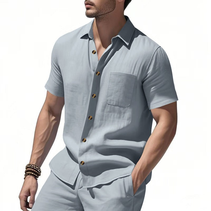 Magnus Relaxed Shirt with Short Sleeve and Chest Pocket in Grey